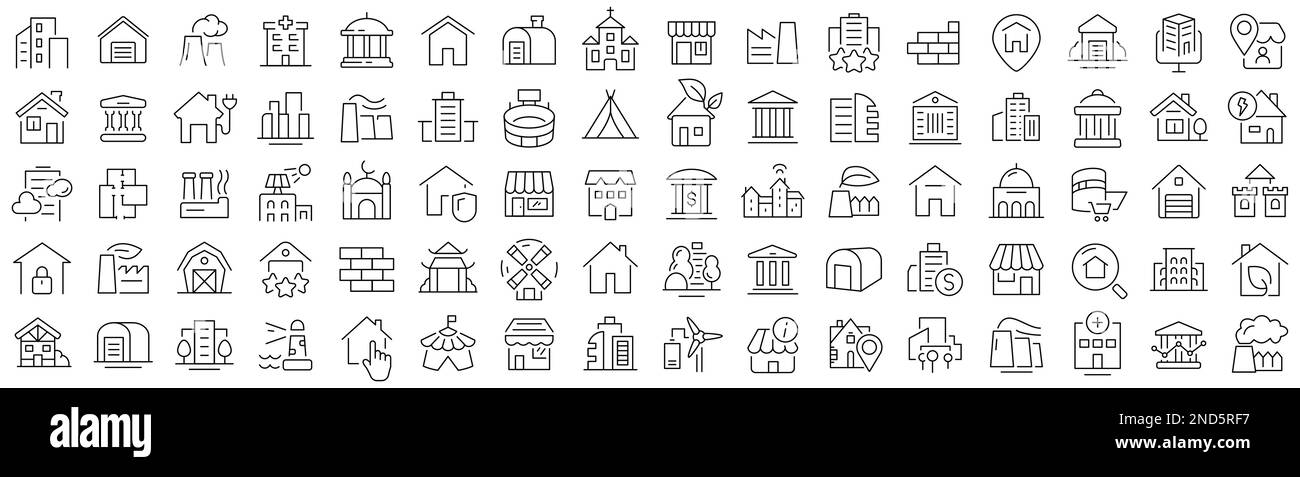 Insieme di icone di architettura e di edifici. Collezione di icone lineari nere Illustrazione Vettoriale