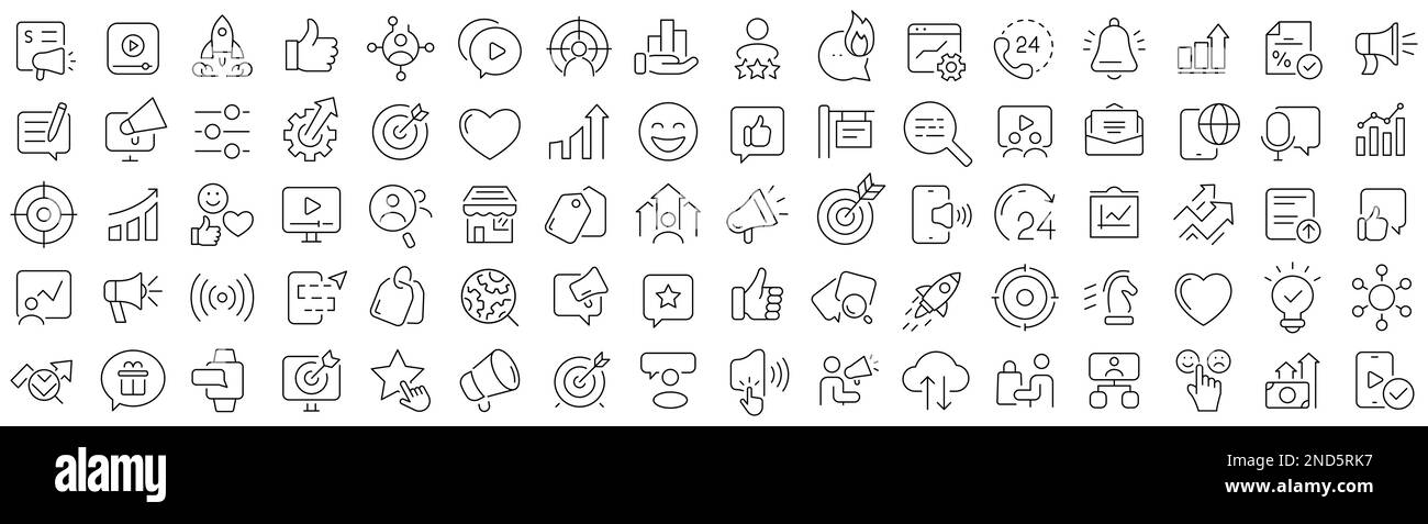 Set di icone della linea di pubblicità e promozione. Collezione di icone lineari nere Illustrazione Vettoriale