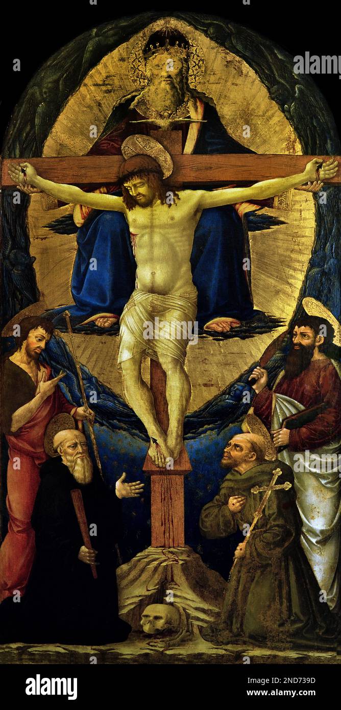 Trinità tra San Benedetto, San Francesco d'Assisi, San Bartolomeo e San Giovanni Battista, 1461 di Neri di Bicci 1419-1492 15th ° secolo, Museo delle Tine, Italia, Italiano, Foto Stock