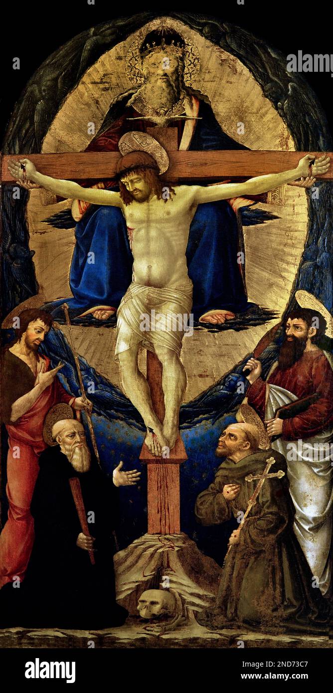 Trinità tra San Benedetto, San Francesco d'Assisi, San Bartolomeo e San Giovanni Battista, 1461 di Neri di Bicci 1419-1492 15th ° secolo, Museo delle Tine, Italia, Italiano, Foto Stock