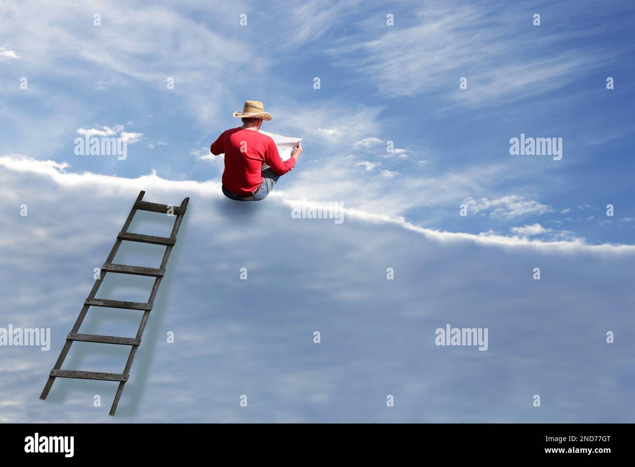Il contadino salì le scale fino alla nuvola e legge il giornale. Composizione digitale. Foto Stock