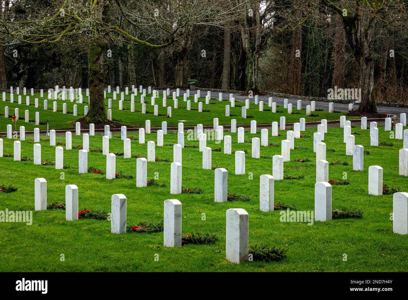 WA22978-00...WASHINGTON - pietre di tomba e corone natalizie al Fort Lawton Post Cemetery situato vicino al Discovery Park a Seattle. Foto Stock