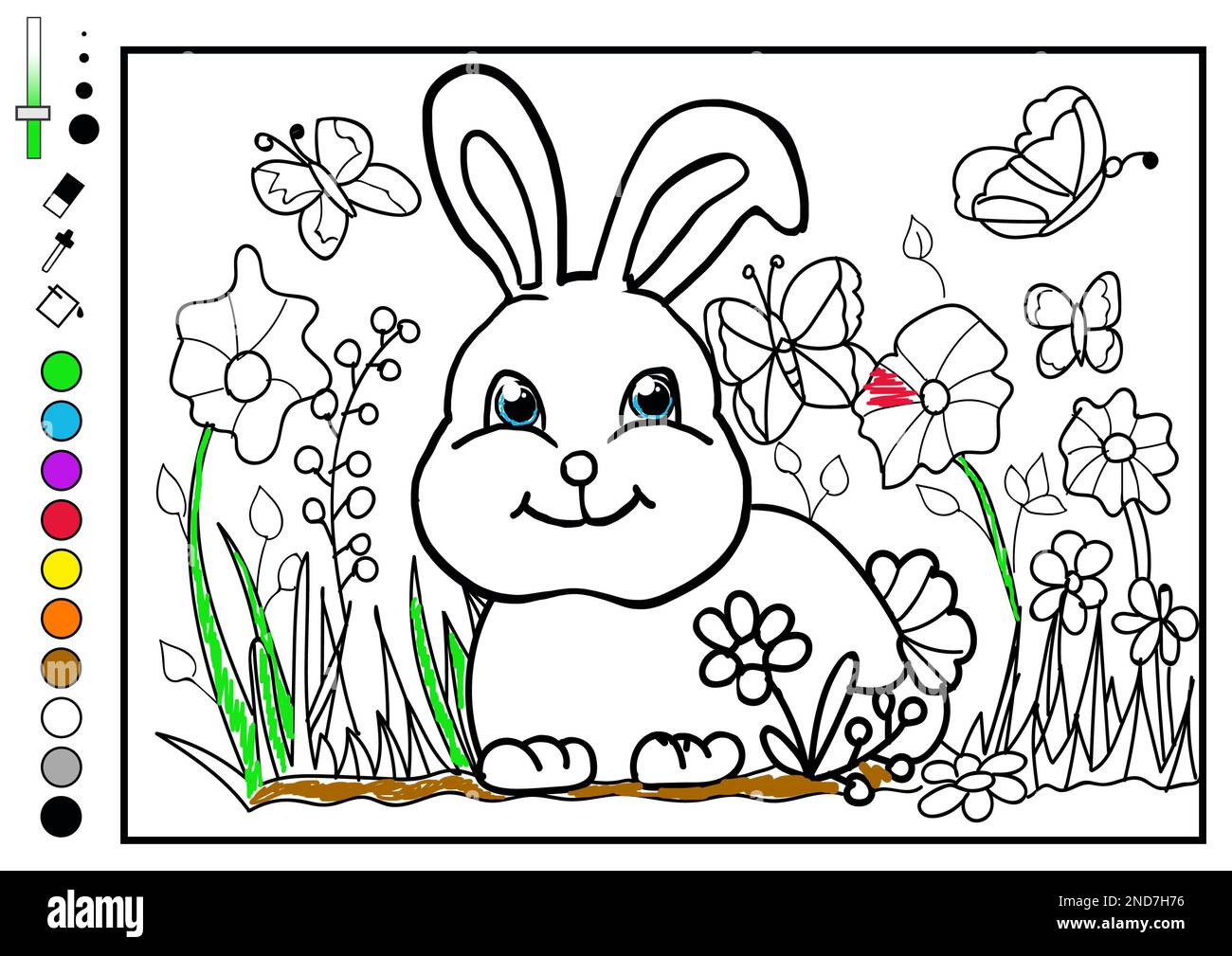 Carino coniglietto e fiori su sfondo bianco, illustrazione. Pagina da colorare Foto Stock