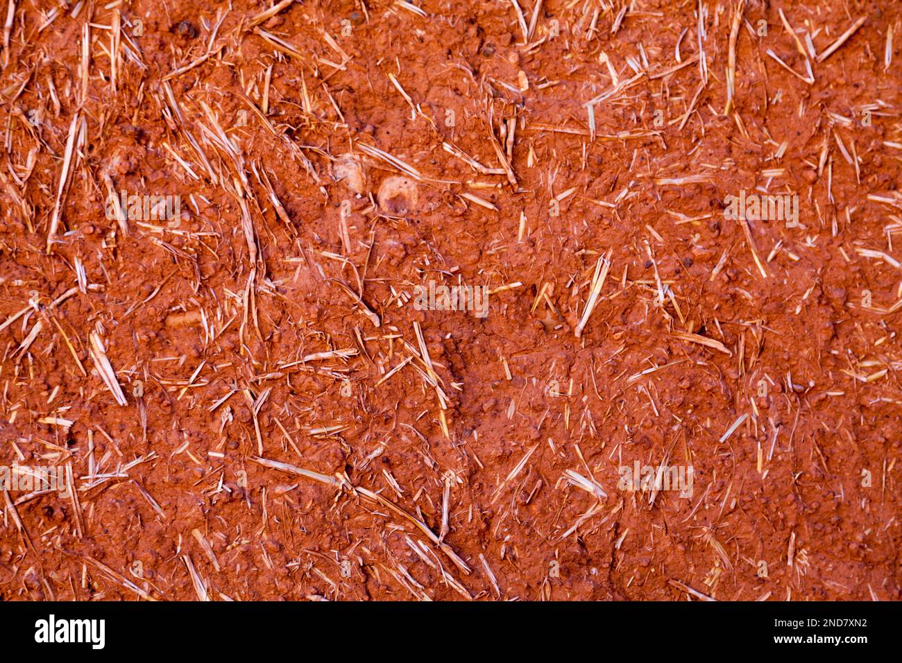 Primo piano su un muro di terra e fango mescolato con fibre vegetali in Ait Benhaddou in Marocco. Foto Stock