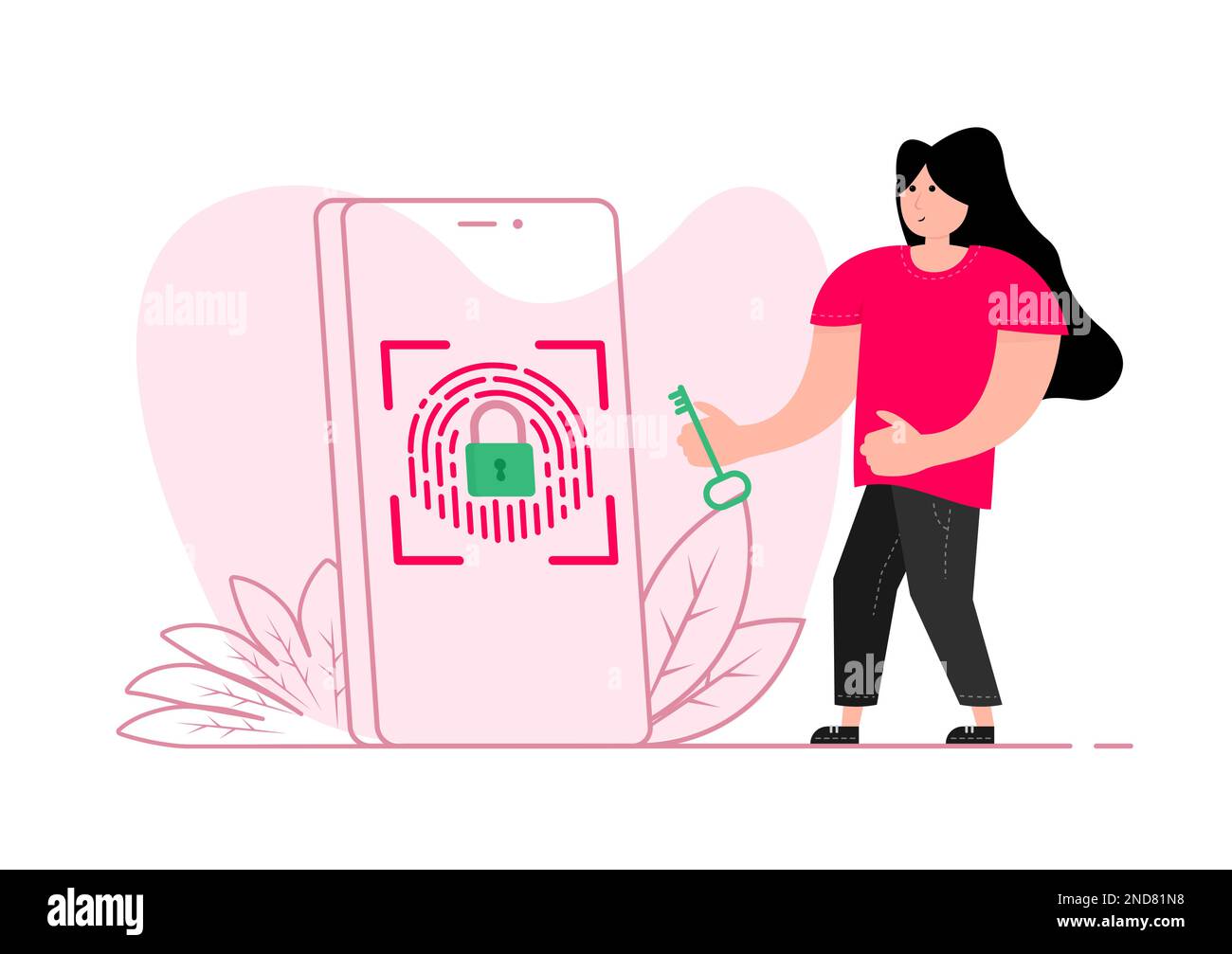 Un uomo si trova vicino allo smartphone, sullo schermo, con identificazione di sicurezza tramite impronte digitali. Illustrazione Vettoriale