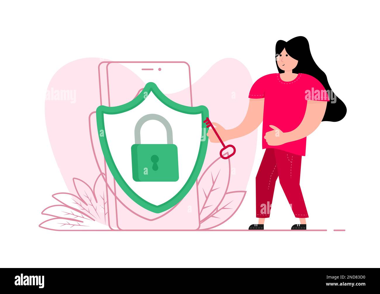 Un uomo si trova vicino allo smartphone, sulla protezione dello schermo e sul lucchetto. Opportunità, sicurezza, accesso ai dati. Illustrazione Vettoriale