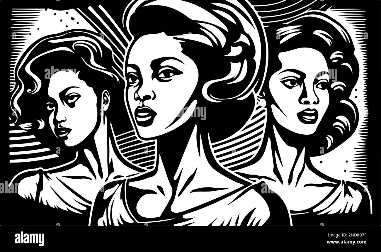 Bella e alla moda in bianco e nero linocut pop art o colorazione pagina di una donna afroamericana Illustrazione Vettoriale