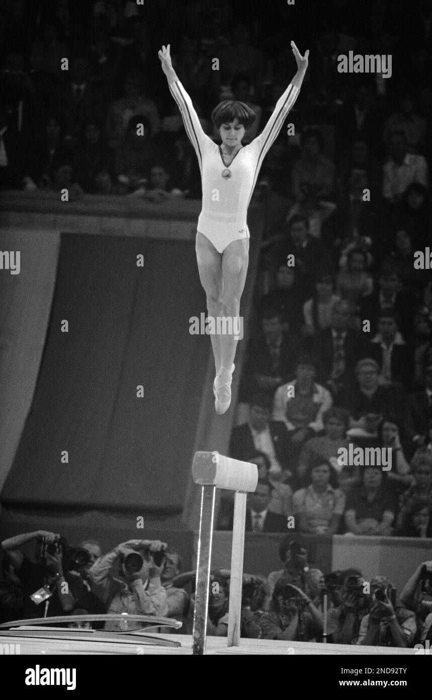 Romania’s top gymnast Nadia Comaneci goes through routine on the balance beam that won her a