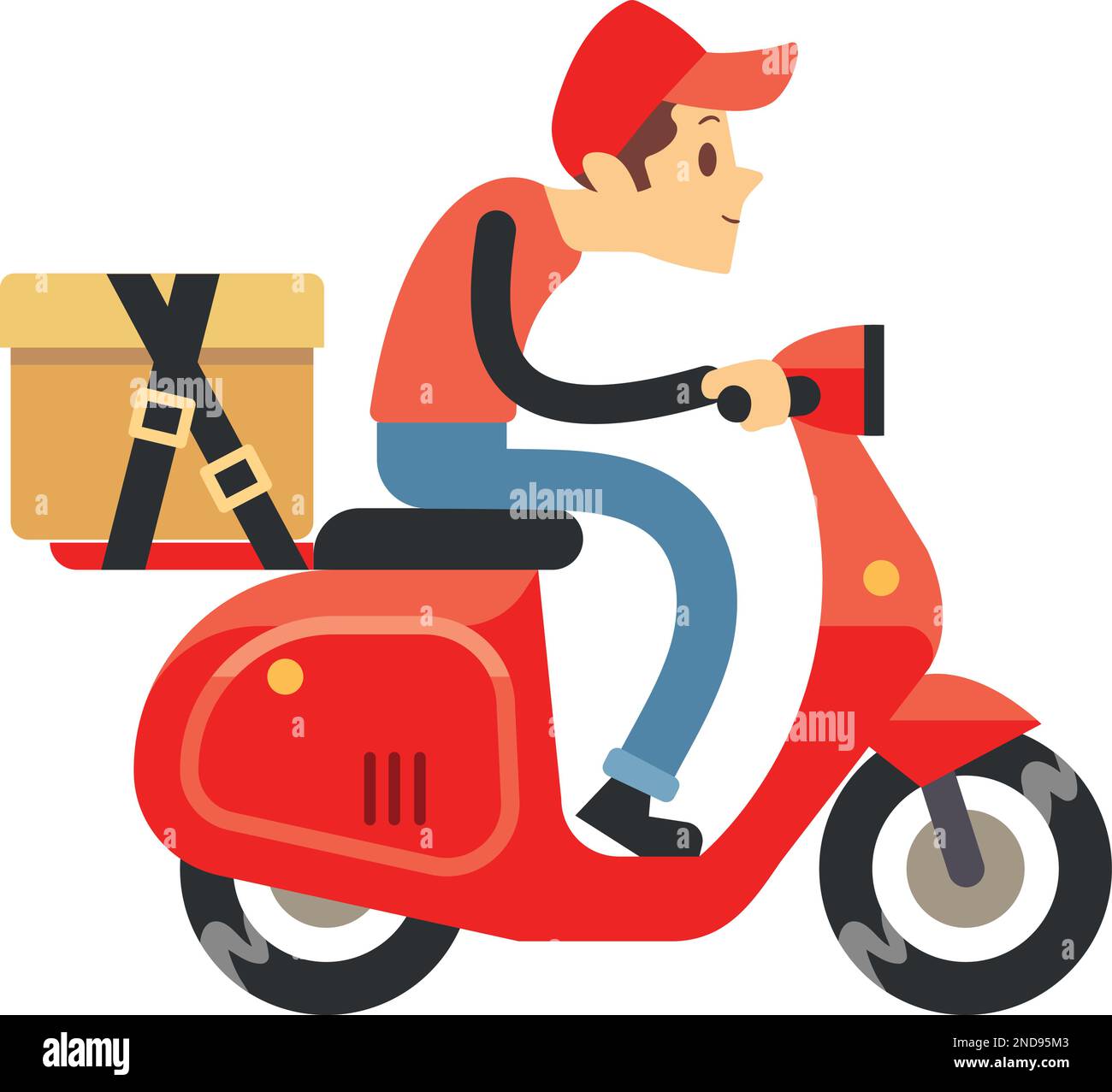 Addetto alla consegna a bordo di uno scooter con icona cartone animato per la spedizione Illustrazione Vettoriale