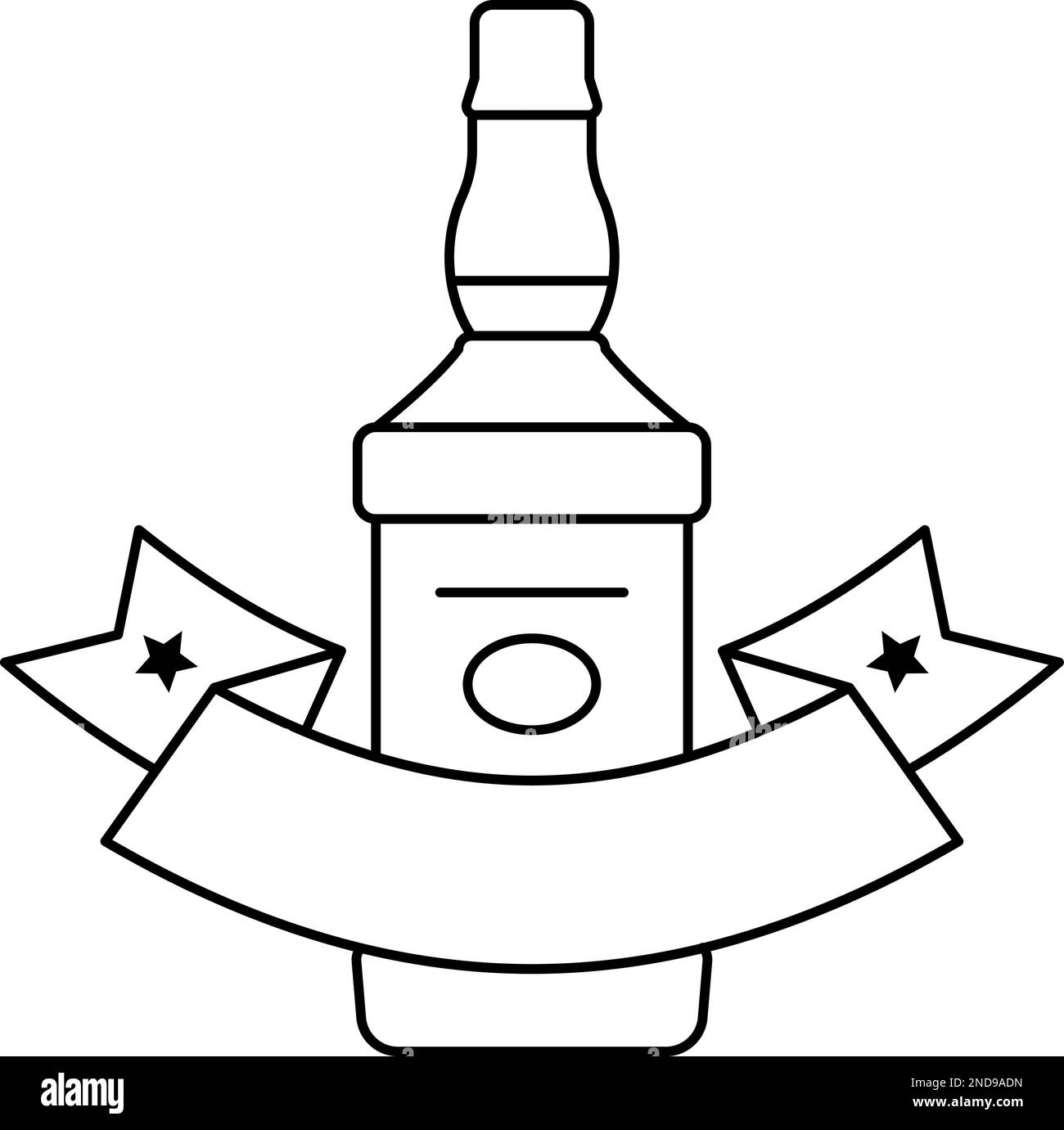 Bottiglia di alcool con rotolo di nastro. Emblema della linea di bevande premium Illustrazione Vettoriale