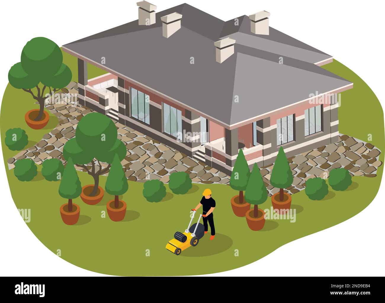 Casa privata Vector con un lavoratore che taglia il prato verde. Isometrica, vista aerea Illustrazione Vettoriale