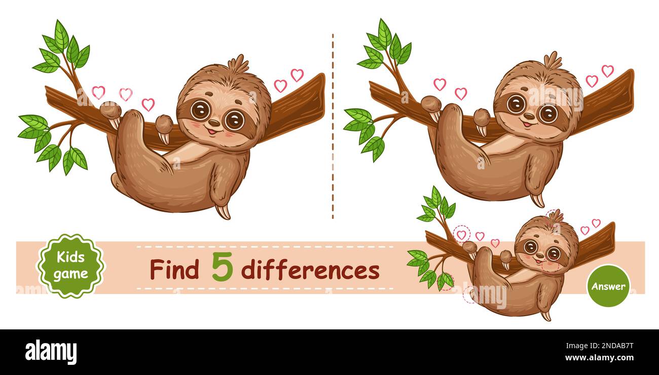 Cute pigro riposo sloth appeso su ramo di albero, trovare 5 differenza puzzle istruzione bambini gioco. Animale tropicale lento. Capretto vettore di attività di apprendimento logico Illustrazione Vettoriale