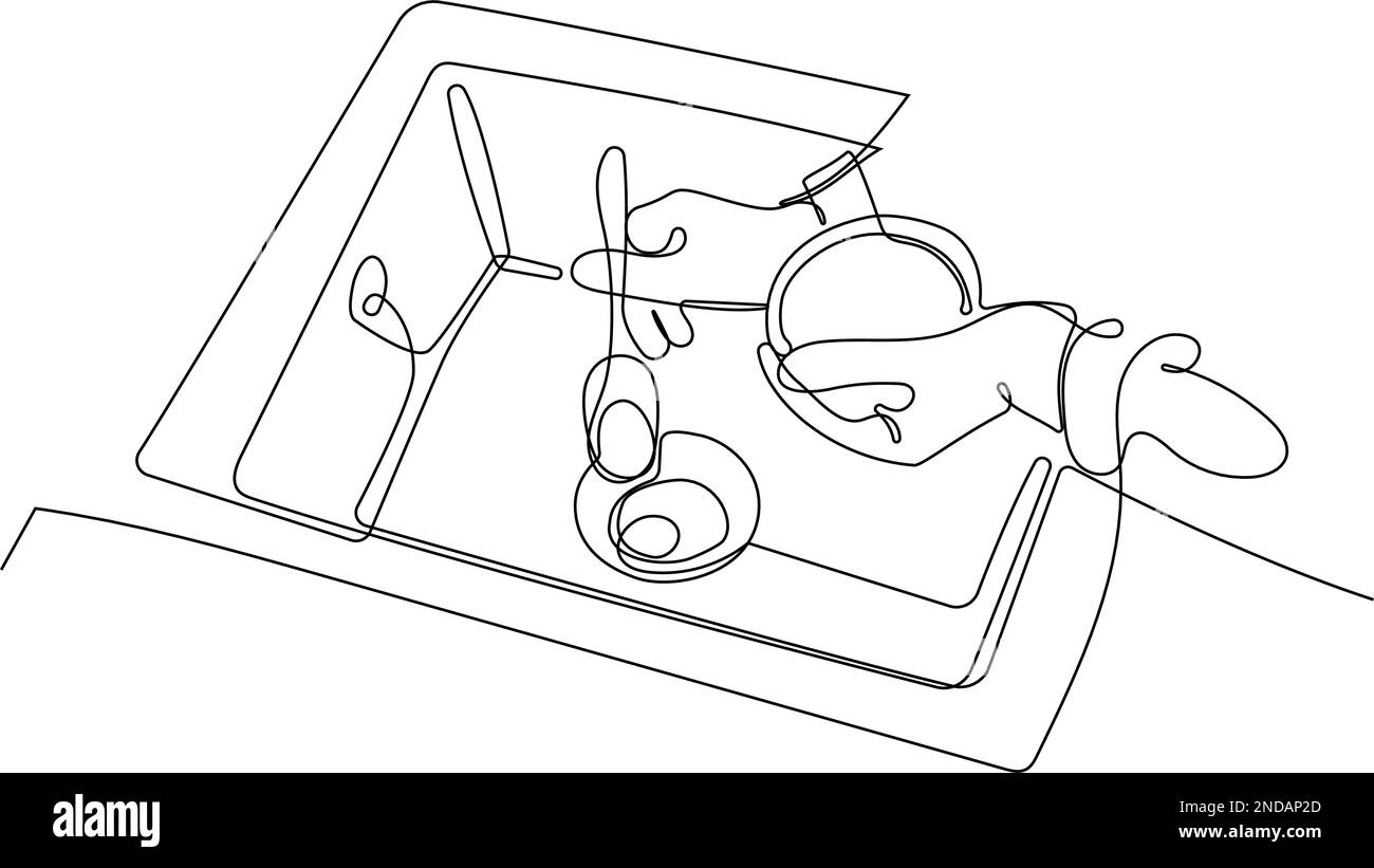 Pagina di destinazione di un disegno continuo di linea dei servizi di pulizia dell'azienda di pulizia. Semplice posizionamento del testo e del logo del marchio Illustrazione Vettoriale