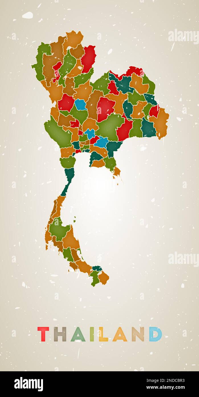 Mappa della Thailandia. Poster del paese con aree colorate. Vecchio grunge texture. Illustrazione vettoriale della Thailandia con il nome del paese. Illustrazione Vettoriale