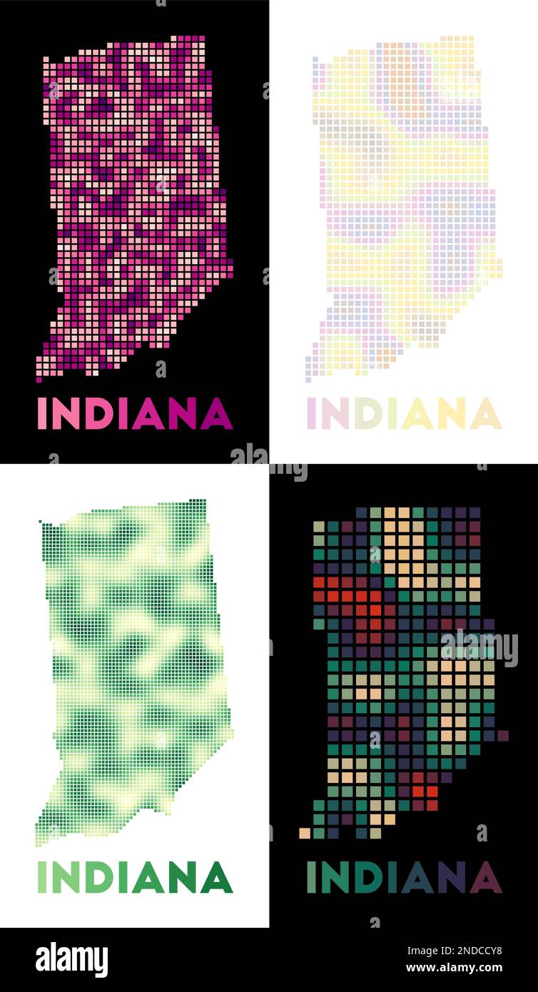 Mappa dell'Indiana. Collezione di mappe dell'Indiana in stile punteggiato. Bordi dello stato degli Stati Uniti riempiti di rettangoli per il progetto. Illustrazione vettoriale. Illustrazione Vettoriale