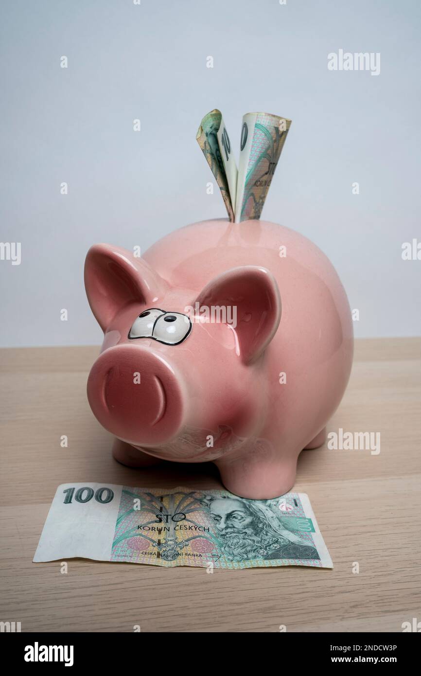 Banconota da 100 korun della Repubblica ceca. Ritratto di Re Karel IV o Carlo IV in denaro ceco. Moneta europea. Foto Stock