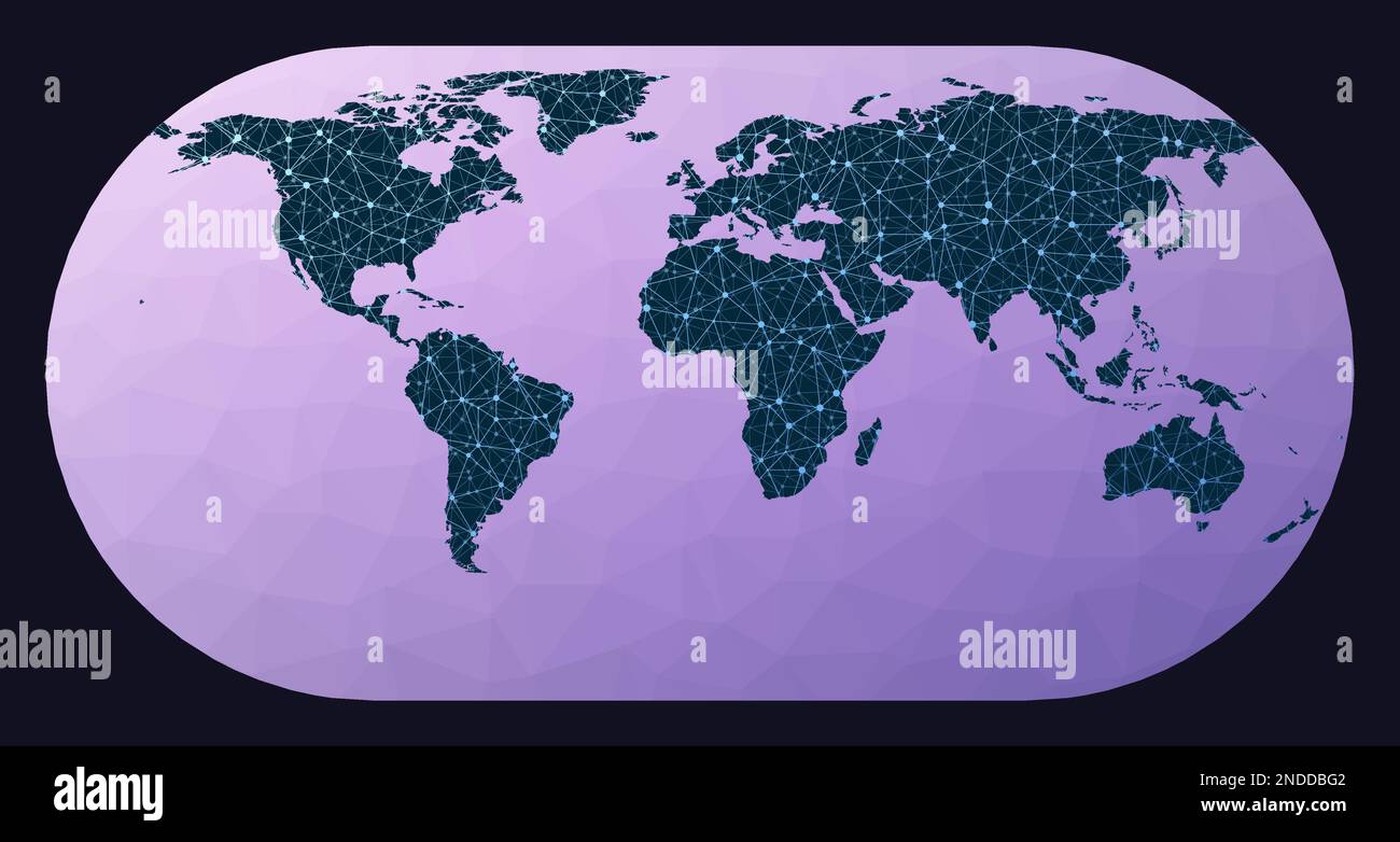 Mappa del mondo con nodi. Proiezione di Eckert III. Mappa della rete mondiale. Globo cablato in proiezione Eckert III su sfondo geometrico a basso contenuto di poli. Illustrazione Vettoriale