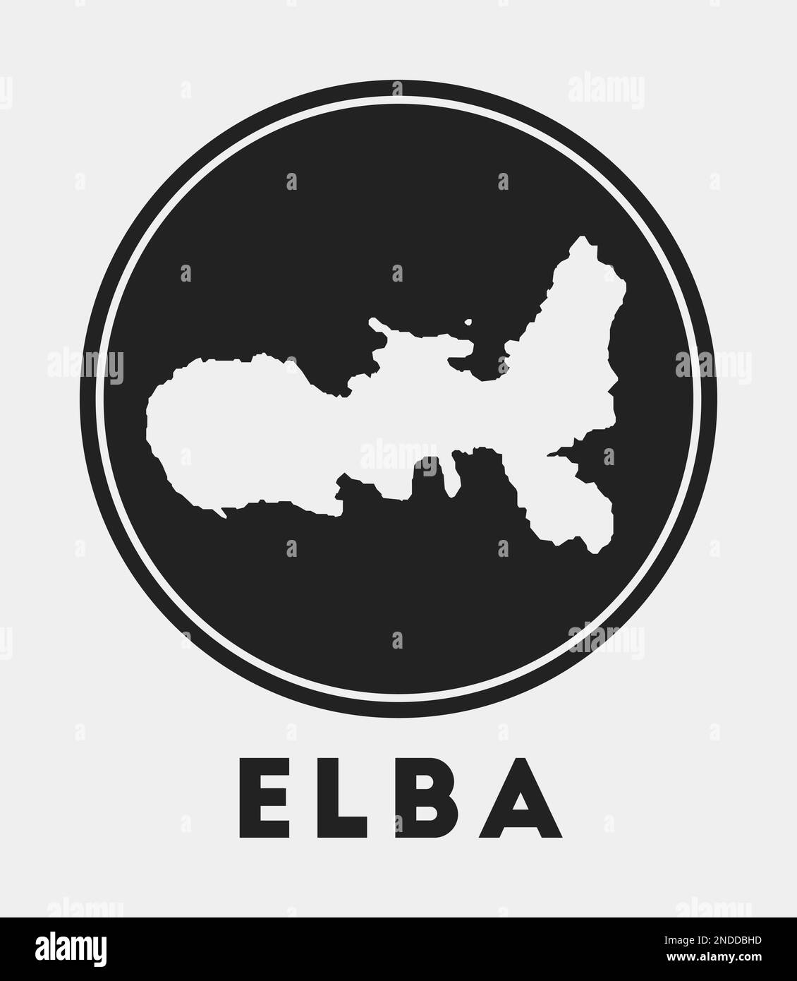 Elba icona. Logo rotondo con mappa dell'isola e titolo. Elegante distintivo Elba con mappa. Illustrazione vettoriale. Illustrazione Vettoriale