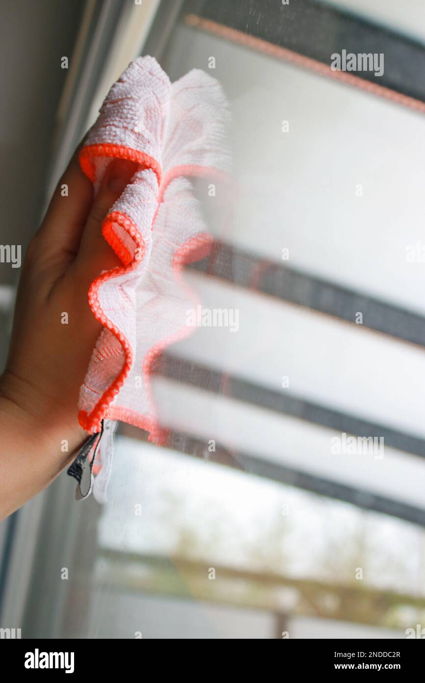 primo piano della mano della donna nella pulizia di un vetro della finestra, senza guanti, pulizia della molla . Foto di alta qualità Foto Stock