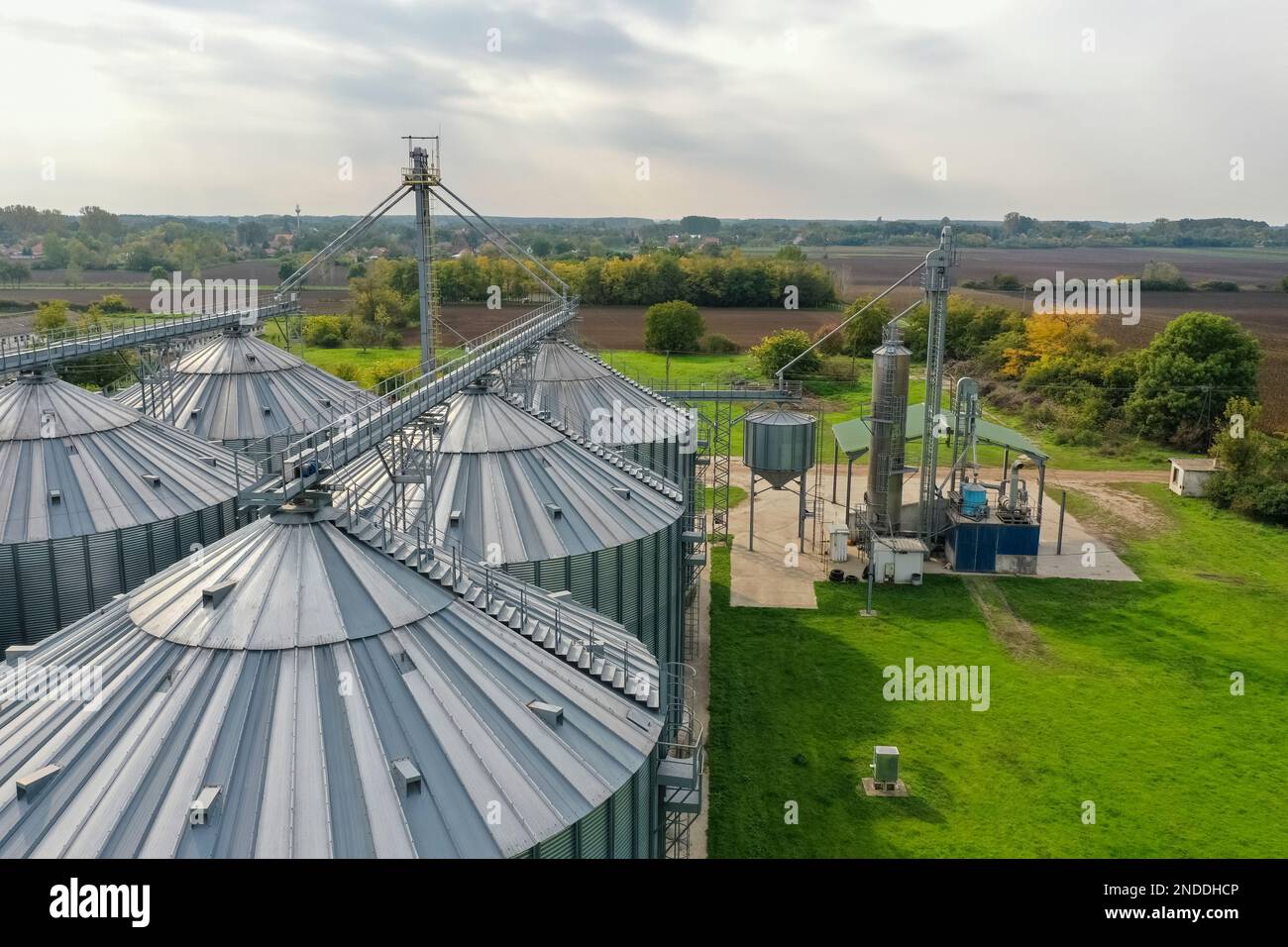 Silos agricoli sulla fattoria in autunno, vista ravvicinata drone. Granaio industriale, essiccatore elevatore, esterno dell'edificio, deposito ed essiccazione di grano, whe Foto Stock