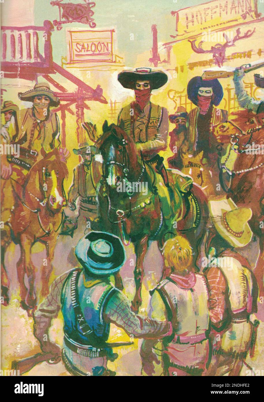 Selvaggio West pittura. La vecchia illustrazione mostra i banditi armati. L'immagine a colori vintage mostra l'avventura del selvaggio West. Foto Stock