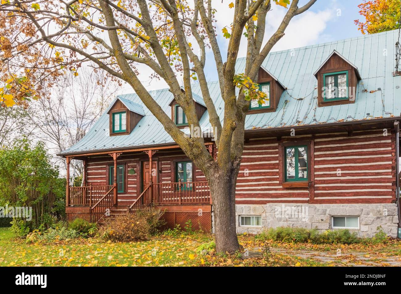 Vecchia facciata casa in legno con rivestimento verde e tetto in lamiera in autunno. Foto Stock