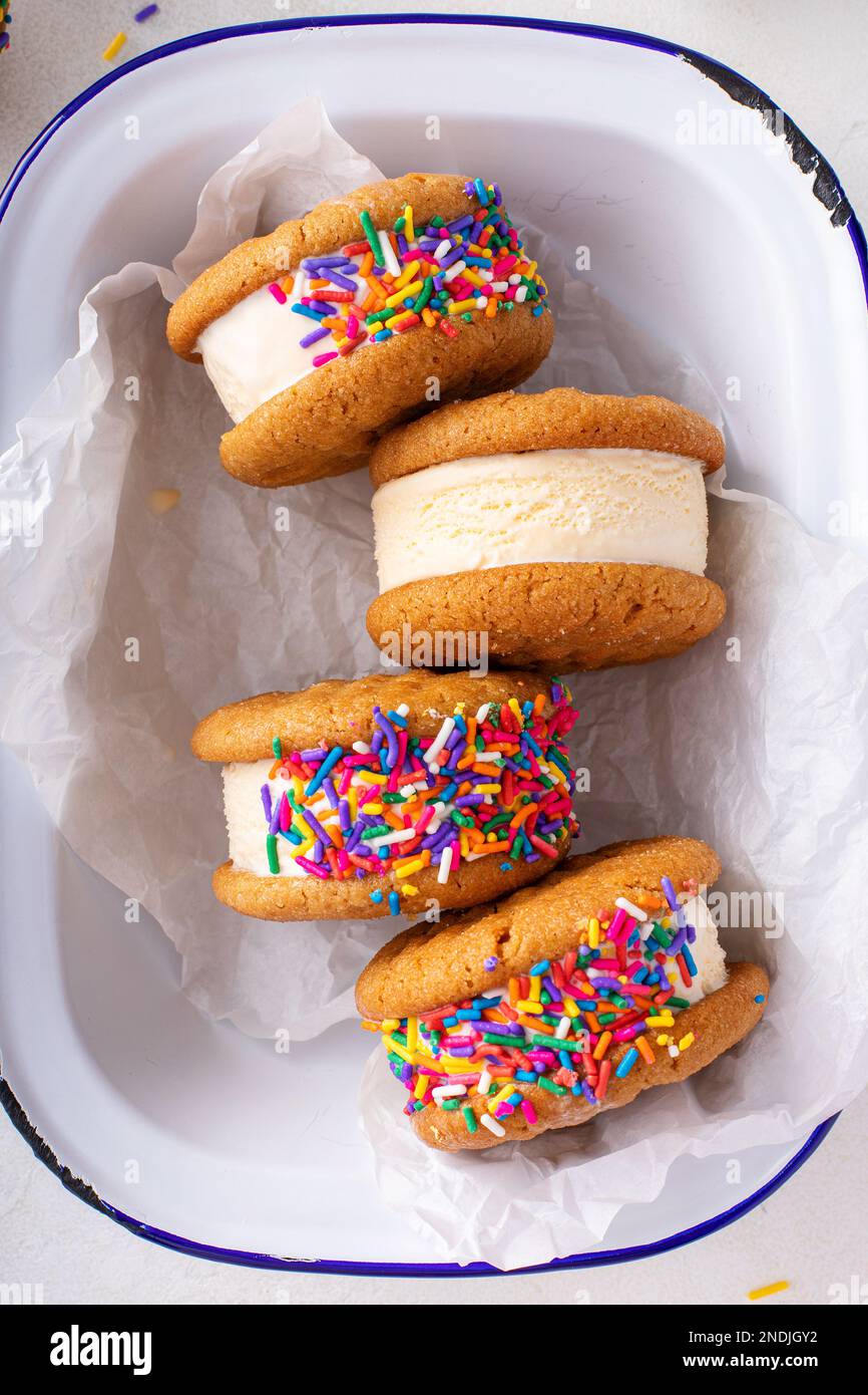 Sandwich con gelato alla vaniglia e biscotti al burro di arachidi e spolverini Foto Stock
