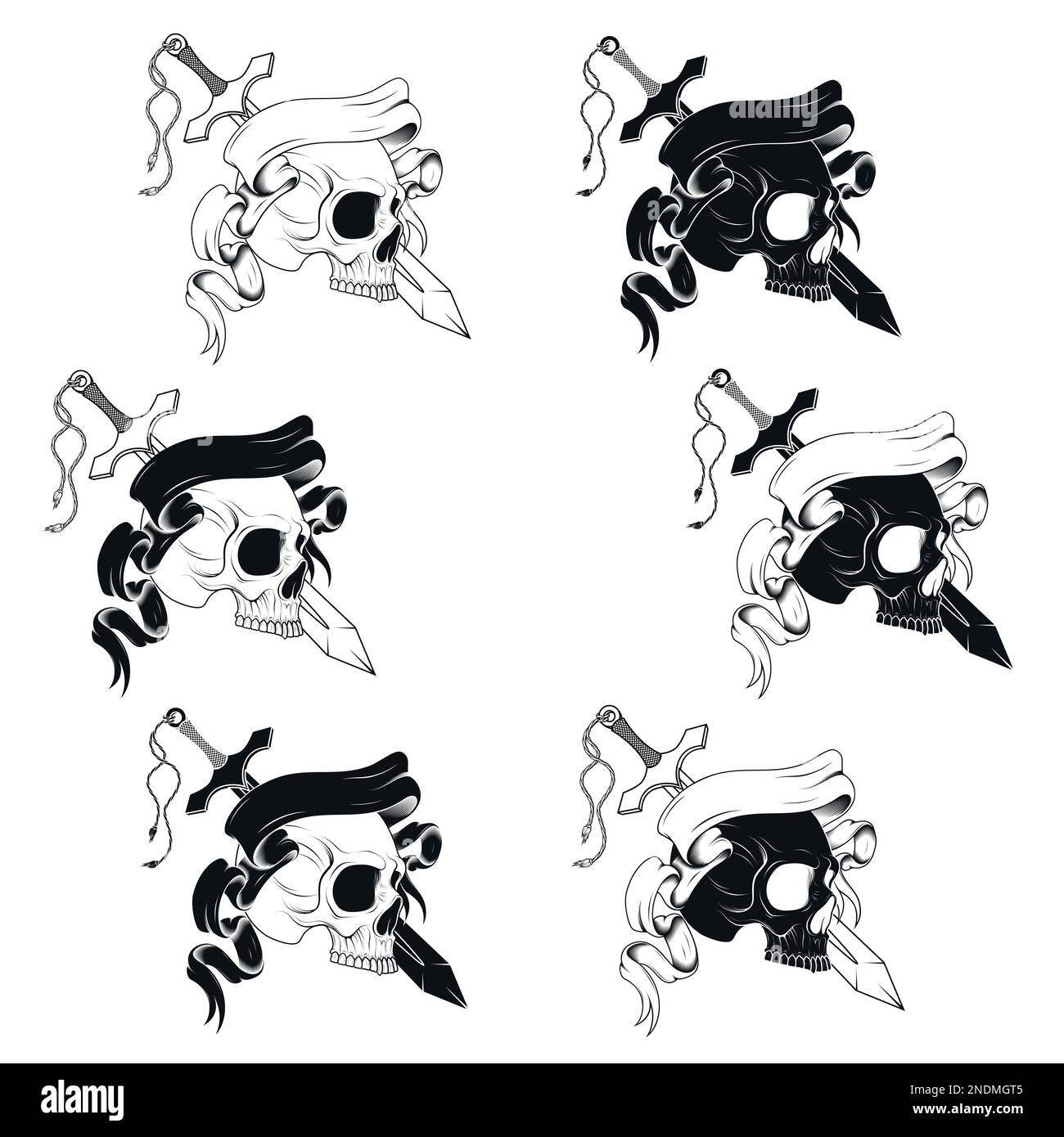 Illustrazione cranio in profilo con spada e nastro. Scala di grigi arte tradizionale Illustrazione Vettoriale