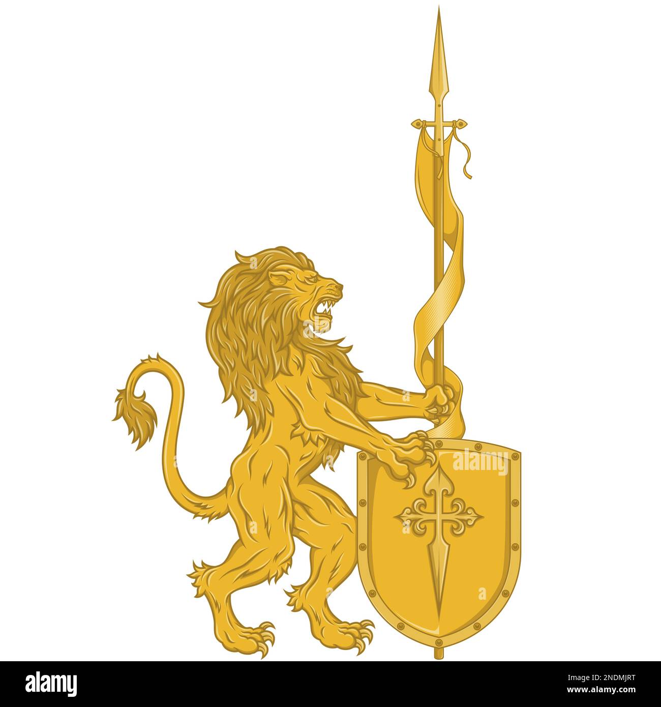 Disegno vettoriale di leone rampante con pennante e scudo medioevale, leone armata con lancia e scudo, simbolo araldico del Medioevo europeo Illustrazione Vettoriale