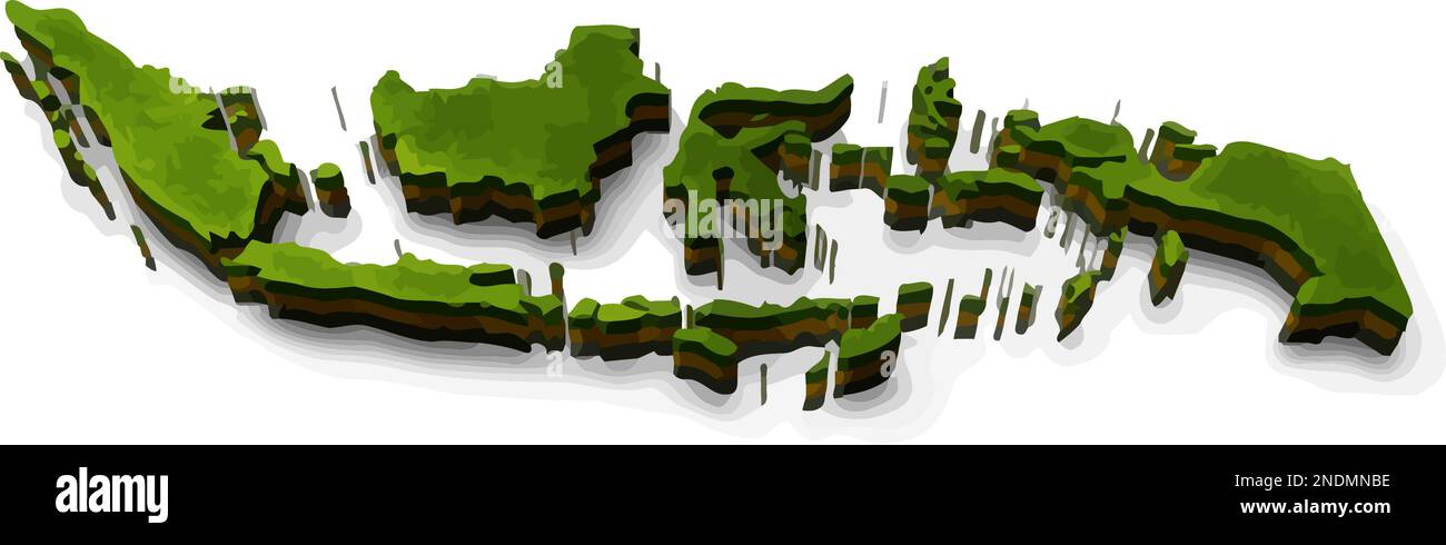 Colorata mappa 3D dell'Indonesia con terra verde realistica e terreno marrone. Illustrazione Vettoriale