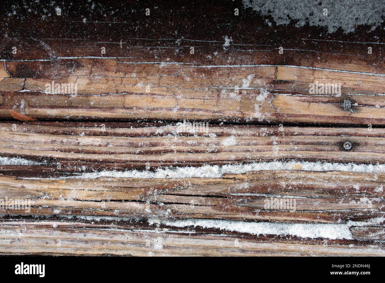 Vista ravvicinata di un gradino di legno intemperiato nella sabbia di una spiaggia Foto Stock