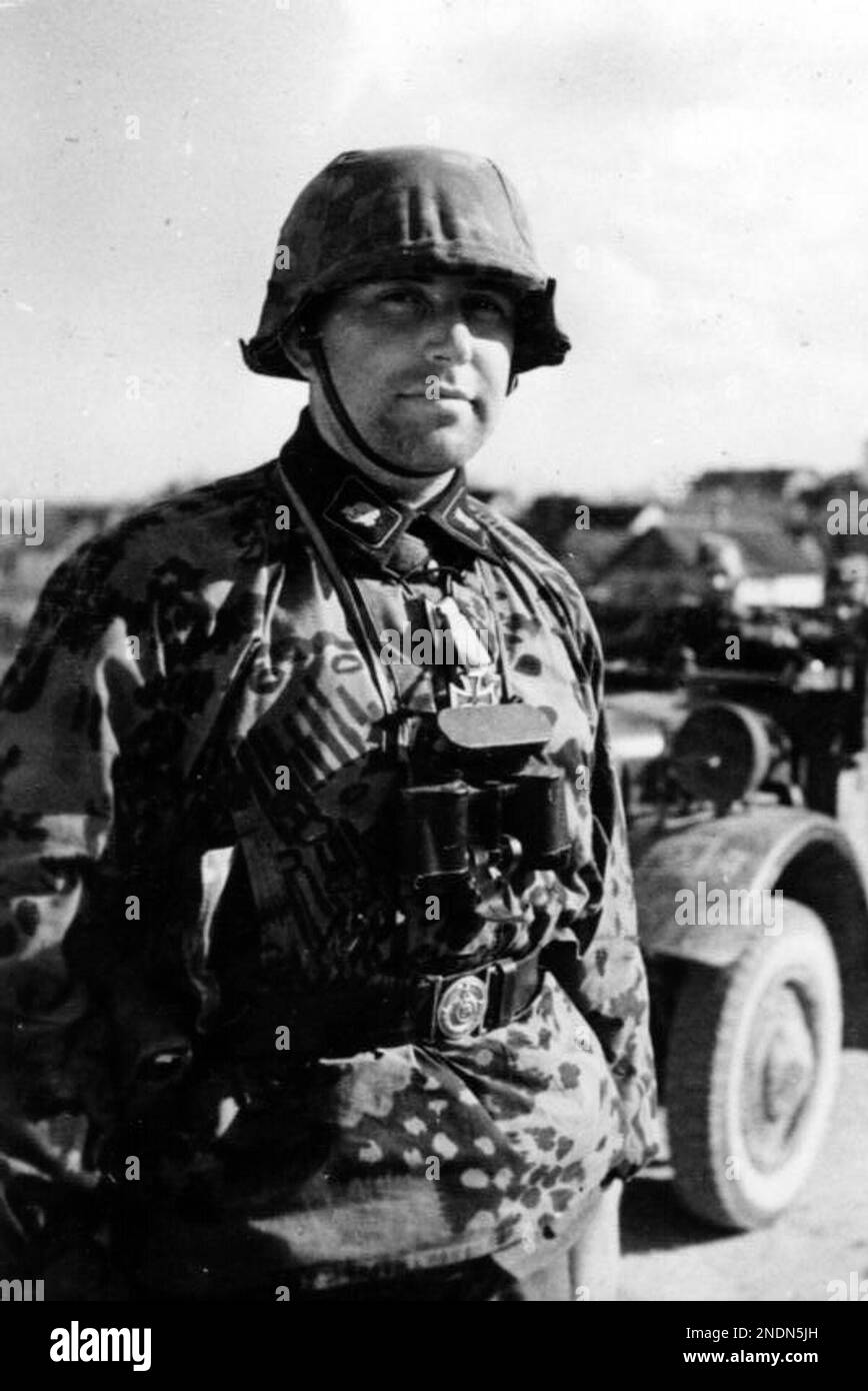 Un soldato della 3rd Divisione SS 'Totenkopf' vestito di mimetizzazione sul fronte orientale. Foto Wiegand-119-10%2C Russland%2C Angeh%C3%B6riger der W-SS Totenkopf-Div..jpg Foto Stock