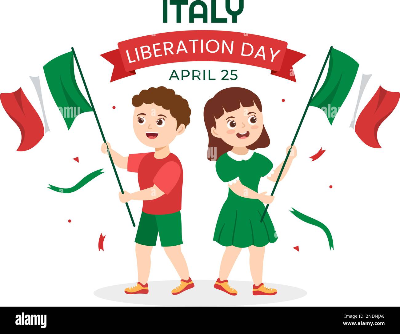 Illustrazione del giorno della Liberazione in Italia con i bambini, festeggiamenti il 25 aprile e bandiere italiane in cartoon piano disegnate a mano per i modelli della landing page Illustrazione Vettoriale