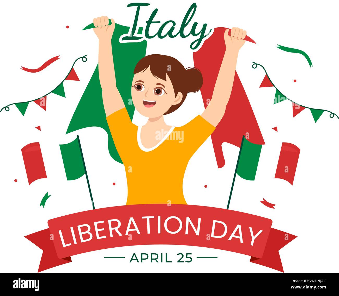 Illustrazione del giorno della Liberazione in Italia con festeggiamenti festeggiate il 25 aprile e bandiere italiane in cartoon piano disegnate a mano per i modelli di landing page Illustrazione Vettoriale