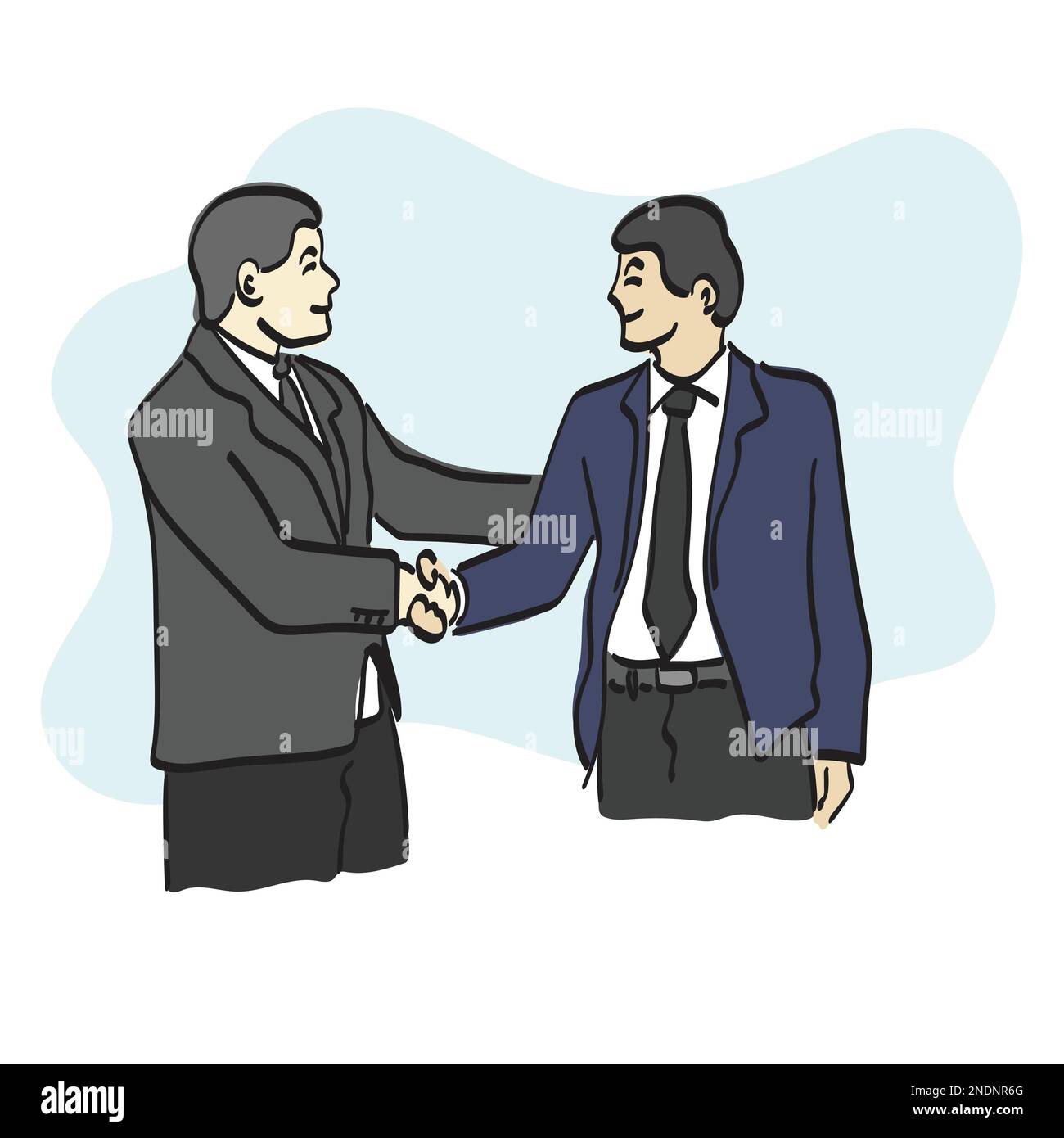line art hakf lunghezza due uomini d'affari facendo handshake illustrazione vettore disegnato a mano isolato su sfondo bianco Illustrazione Vettoriale