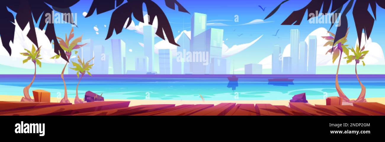 Spiaggia sull'oceano con passerella o molo. Terrapieno o terrazza in legno con vista sul mare e sulla città. Paesaggio estivo di mare tropicale con palme e città Illustrazione Vettoriale