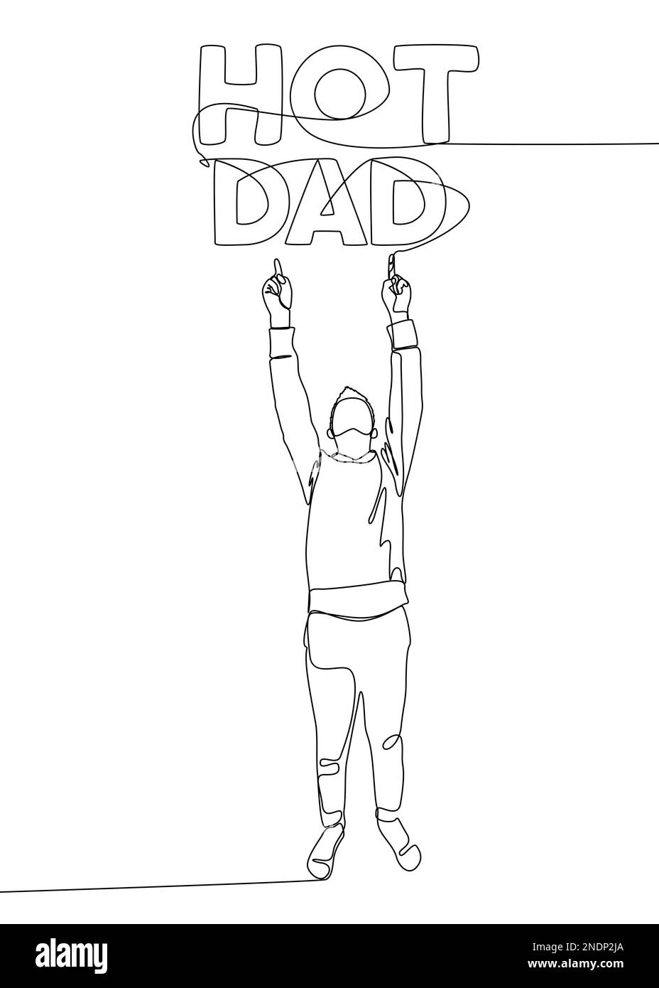 Una linea continua di uomo che punta con un dito alla parola di papà calda. Concetto di vettore di illustrazione a linea sottile. Disegno di contorno idee creative. Illustrazione Vettoriale