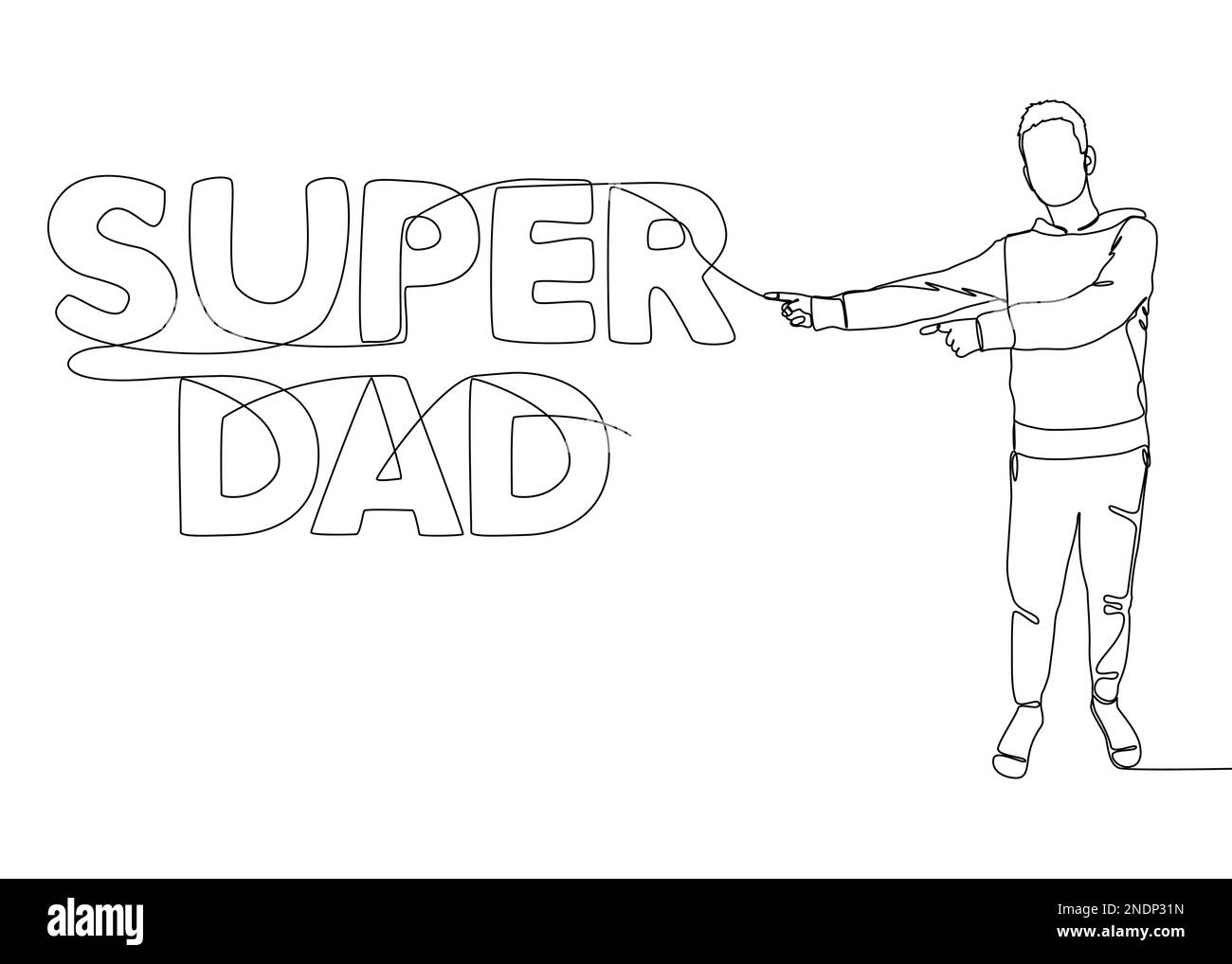 Una linea continua di uomo che punta con il dito alla parola del Super papà. Concetto di vettore di illustrazione a linea sottile. Disegno di contorno idee creative. Illustrazione Vettoriale