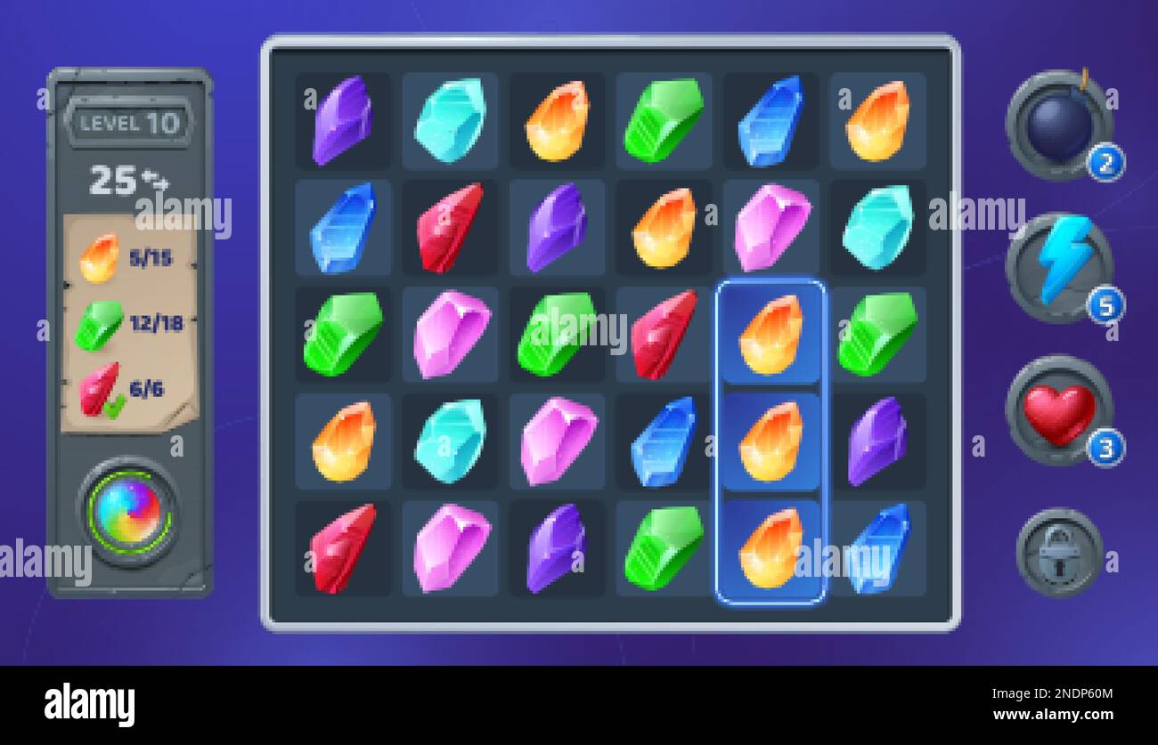 Interfaccia utente di giochi per computer con puzzle di cristalli. Disegno vettoriale di schermo con gemme colorate, bomba, fulmini, cuore, icone di blocco, Illustrazione Vettoriale