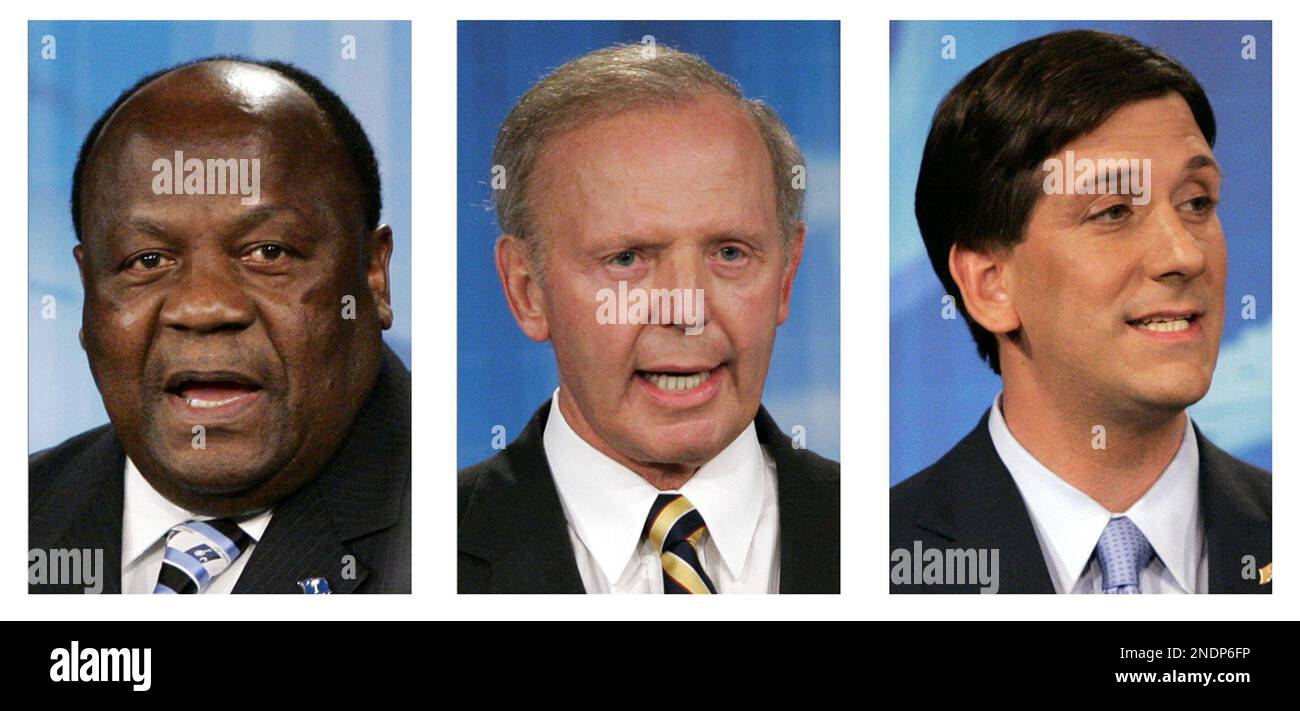 FILE - In this combination of May 2, 2010 file photos, South Carolina Democrat candidates for Governor are from left; Sen. Robert Ford, Jim Rex, and Sen. Vincent Sheheen. The three Democrats vying to be South Carolina's next governor take widely different approaches to how they would repair the economy and bring back jobs lost in the worst economy since the Great Depression. (AP Photo/Mary Ann Chastain, File) Foto Stock