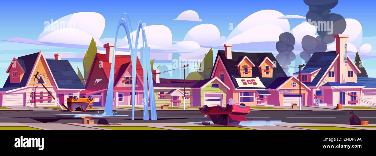 Distrutta la strada della città dopo la guerra, il terremoto, il collasso, i disordini. Paesaggio della città vecchia con case ed edifici rovine con finestre a bordo e Illustrazione Vettoriale