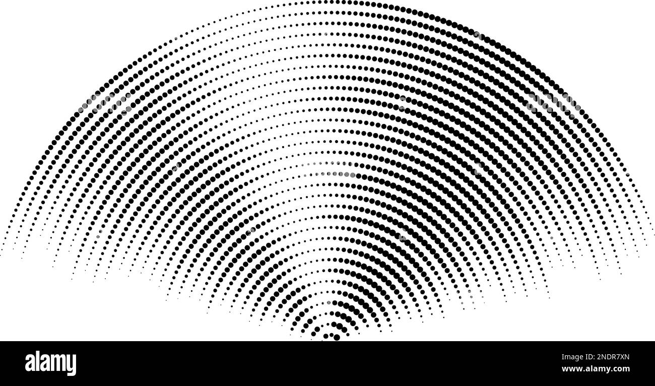 Segnale a onda sonora punteggiato. Concetto di radio o audio musicale. Icona dell'epicentro o del radar. Elementi di vibrazione o segnale radiale testurizzati. Linee della curva di impulso. Semicerchi di ripple concentrici. Vettore Illustrazione Vettoriale
