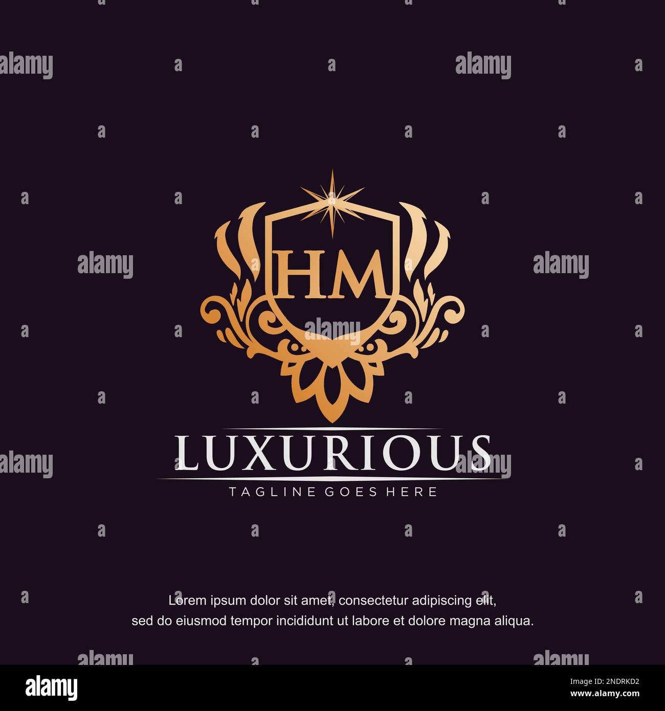 HM lettera iniziale lusso ornamento oro monogramma logo vettore modello. Illustrazione Vettoriale