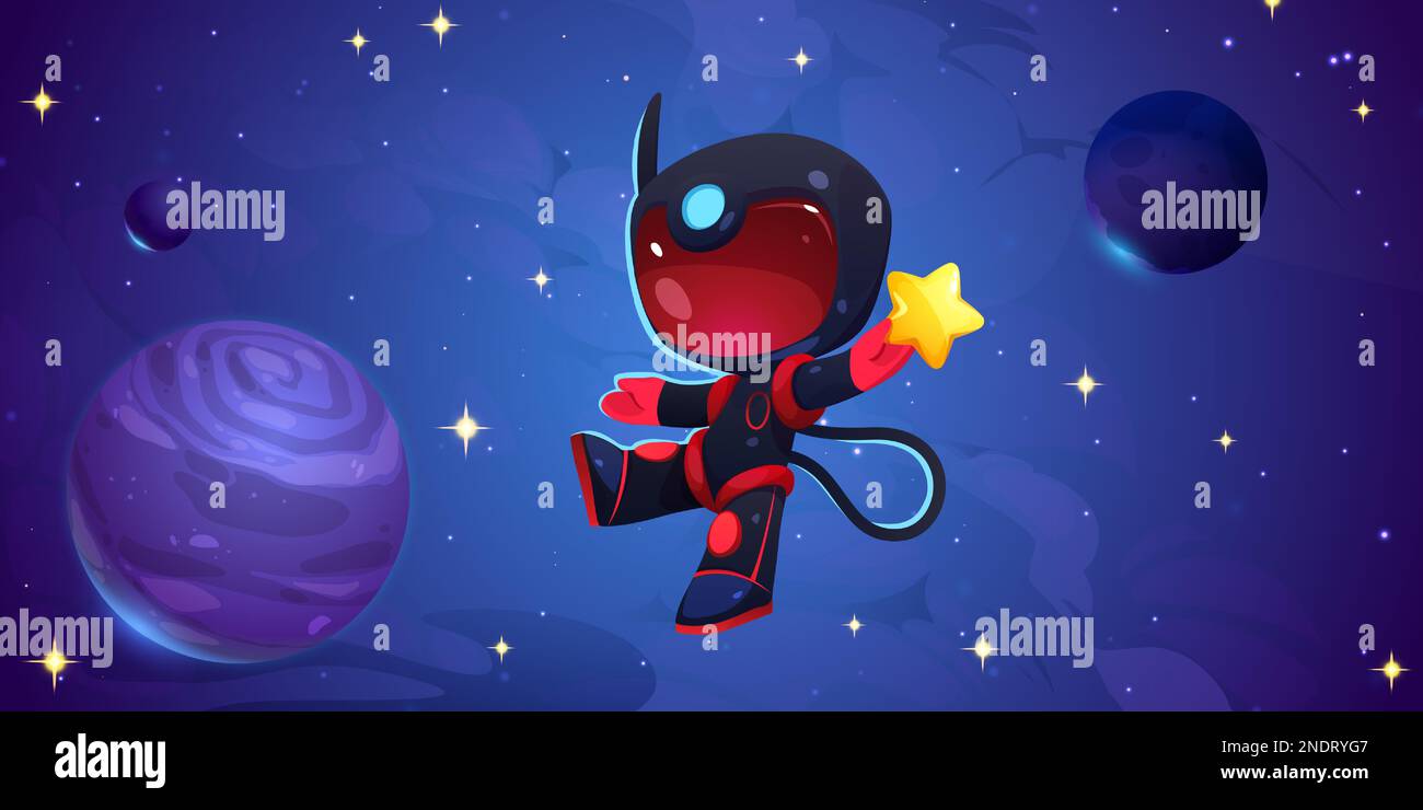 Astronauta nello spazio esterno con pianeti e stelle. Sfondo COSMOS con simpatico cosmonaut in tuta spaziale nera e casco rosso che regge la stella, illustrazione vettoriale dei cartoni animati Illustrazione Vettoriale