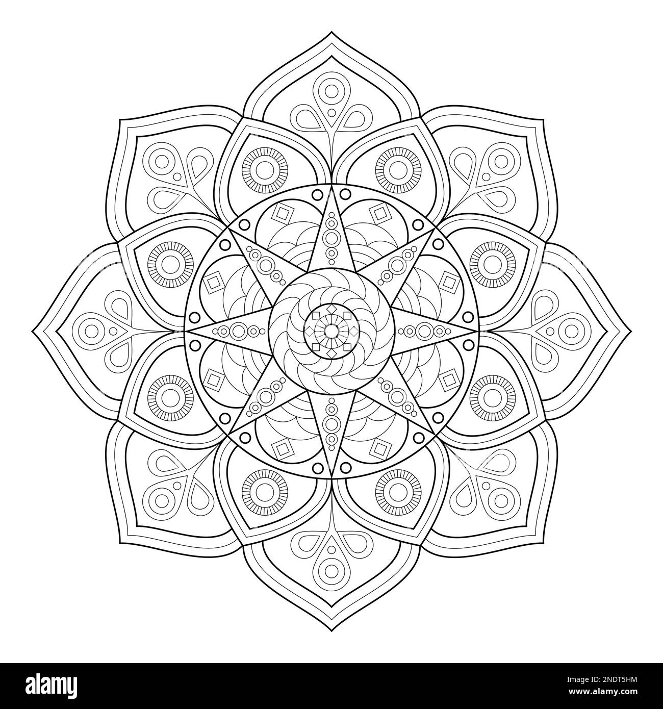 Modello di mandala circolare. Disegno a mano libera in bianco e nero. Disegno del tatuaggio, Mahendi. Disegno etnico. Libro da colorare per il relax Illustrazione Vettoriale