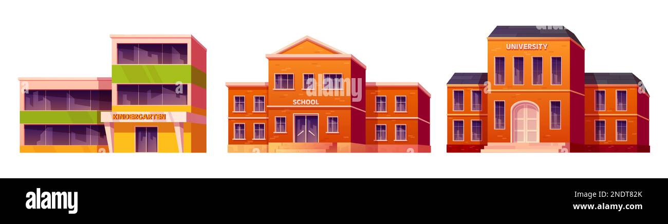 Set di illustrazioni vettoriali per l'asilo, la scuola superiore e l'università. Design dei cartoni animati esterni della casa didattica isolato su sfondo bianco. Vista frontale del reparto prescolare comunale. Illustrazione Vettoriale