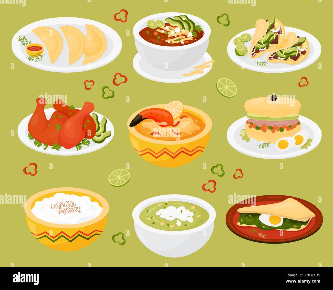 cibo latino-americano. Budino di riso al latte messicano, empanadas, zuppa di avocado verde e zuppa di pomodoro, torta argentina al forno, torta di granchio cileno, cucina peruviana Illustrazione Vettoriale cibo latino-americano. Budino di riso al latte messicano, empanadas, zuppa di avocado verde e zuppa di pomodoro, torta argentina al forno, torta di granchio cileno, cucina peruviana Illustrazione Vettoriale