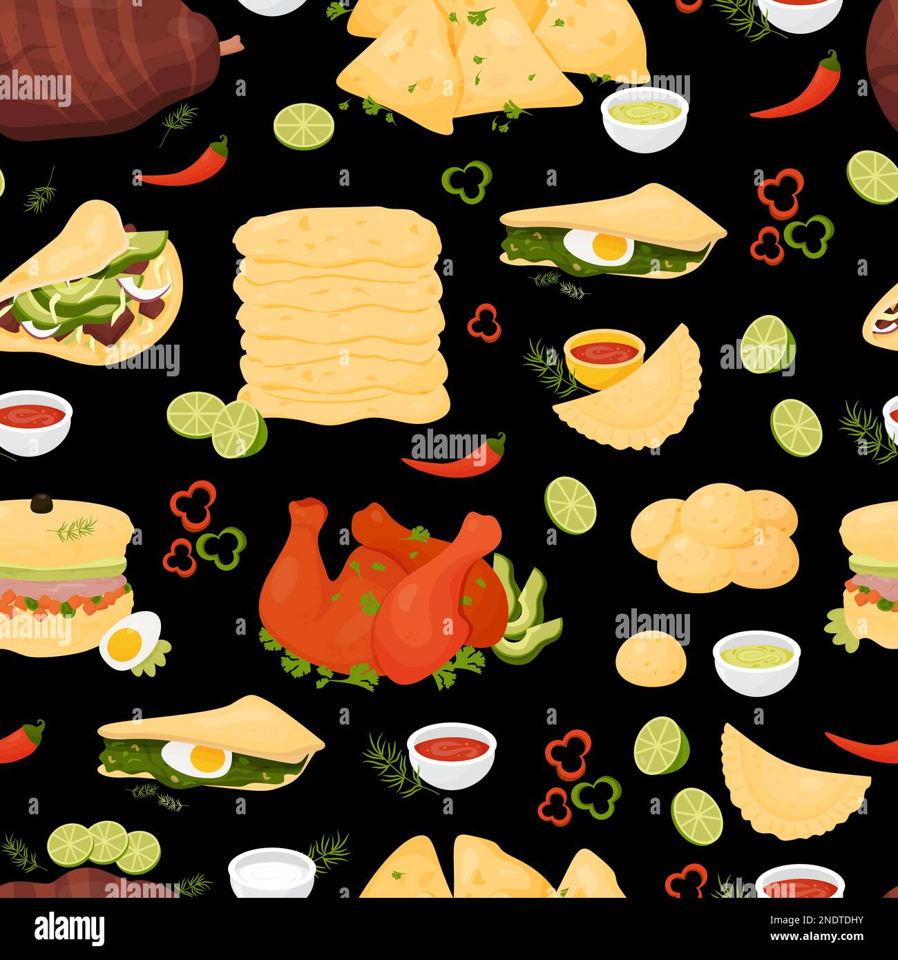 Modello senza cuciture con cucina latinoamericana. Cibo messicano Quesadilla, Taco, Empanadas, Achiote Chicken, carne alla griglia su sfondo nero. Vettore illu Illustrazione Vettoriale Modello senza cuciture con cucina latinoamericana. Cibo messicano Quesadilla, Taco, Empanadas, Achiote Chicken, carne alla griglia su sfondo nero. Vettore illu Illustrazione Vettoriale