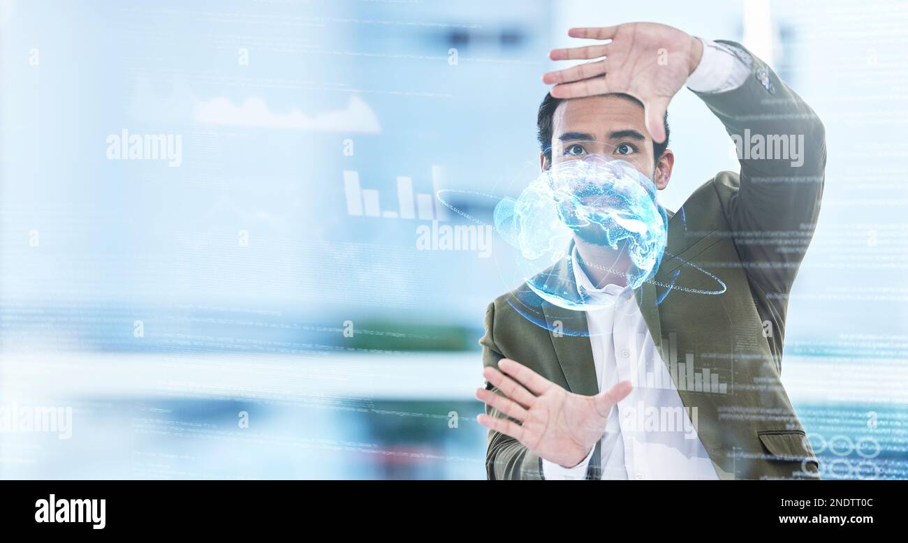 Mondo, ologramma e sovrapposizione con un uomo d'affari che utilizza un'interfaccia ux per l'analisi globale dei dati. Metaverse, ai o 3D con un dipendente di sesso maschile alla ricerca di un Foto Stock