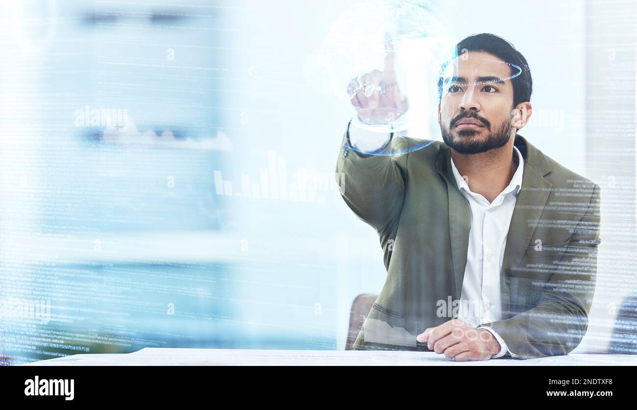 3d, overlay e uomo d'affari con un ologramma mondiale in ufficio per l'analisi di dati globali o statistiche. Metaverse, interfaccia e maschio professionale Foto Stock